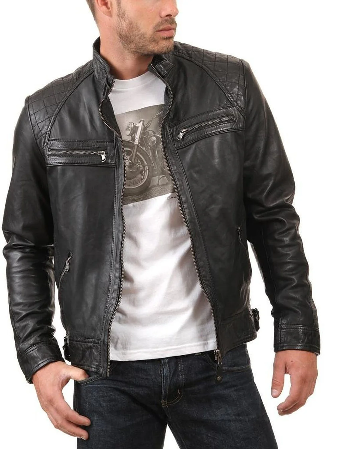 Stand Collar Leather Biker Jacket - Black