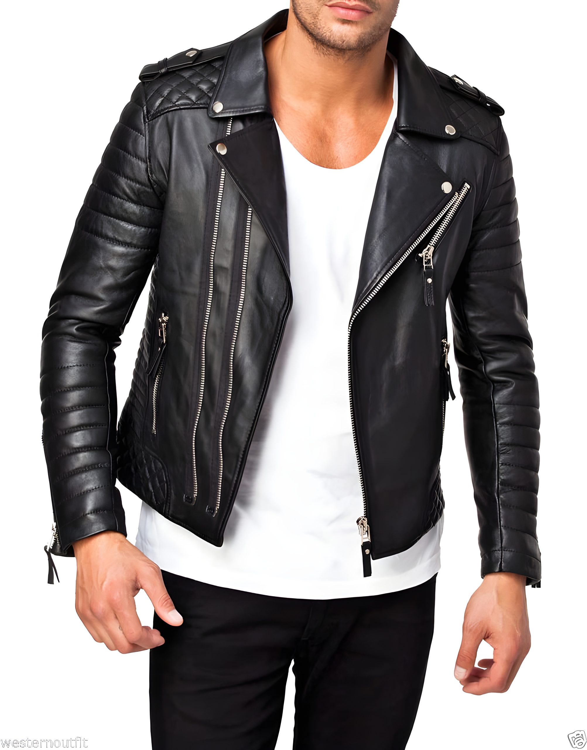 Double Zipper Leather Biker Jacket - Black